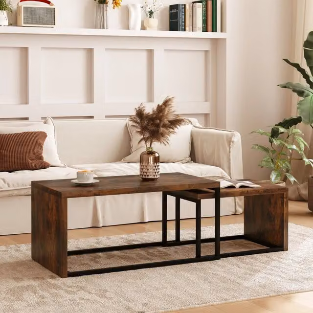 Set di tavolini bassi a incastro MIVRAY in MDF e metallo, stile industriale, marrone e nero – 1