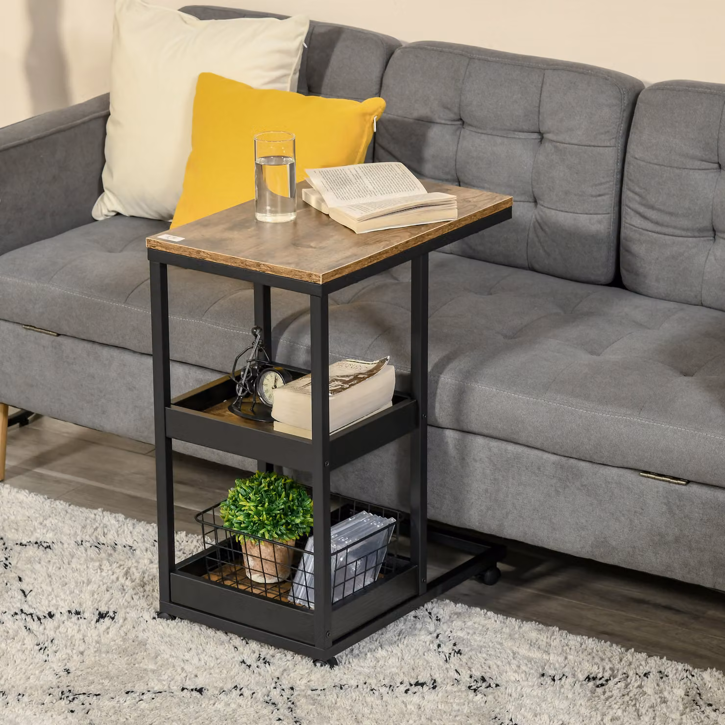 Tavolino laterale HOMCOM con ruote in stile industriale in legno e metallo, marrone e nero – 2
