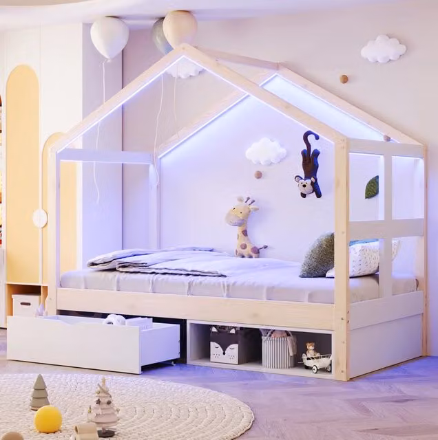 Letto singolo a casetta 90 x 190 cm con cassetto; scarpiera e fascia luminosa; legno naturale