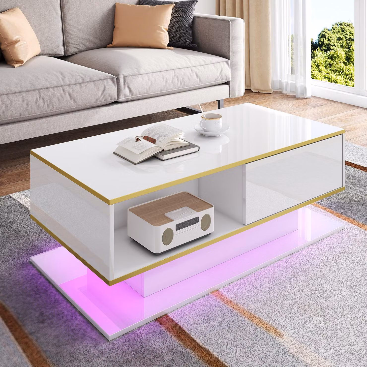okwish Tavolino moderno con illuminazione a LED, tavolino da salotto con tre cassetti, tavolino da divano con vano a giorno, bianco