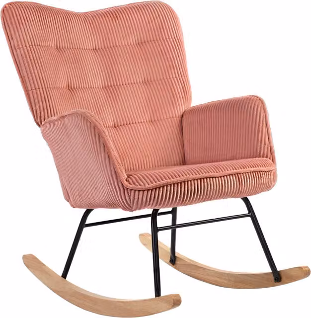 Sedia a dondolo REDOM rosa con struttura in legno di faggio e seduta imbottita, L: 71 cm, P: 98 cm, H: 101 cm