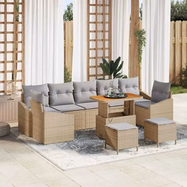 Set Divano da Giardino vidaXL a 9 posti con Tavolino e Ottoman, Colore Beige, Struttura in Acciaio e Legno di Acacia – 1