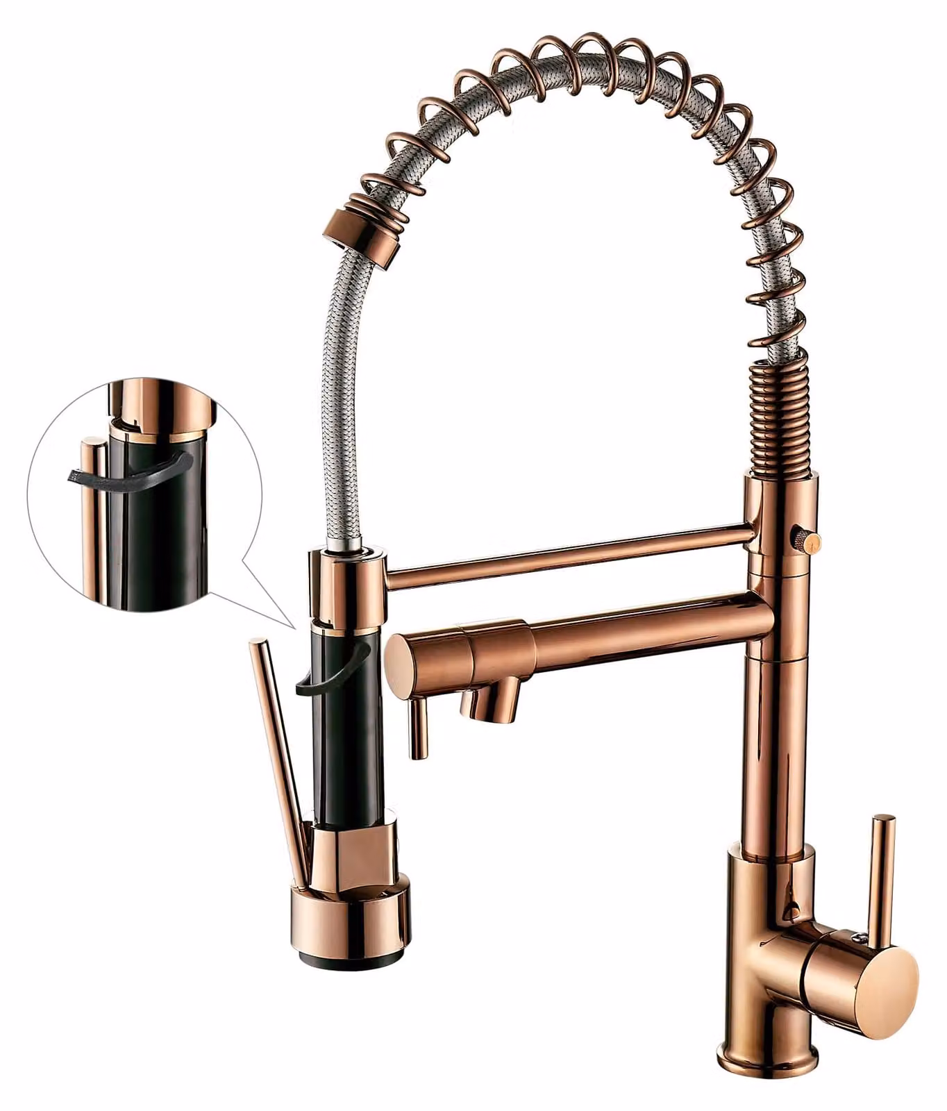 Rubinetto da cucina con doccetta estraibile e soffione ad arco alto, finitura rosa oro