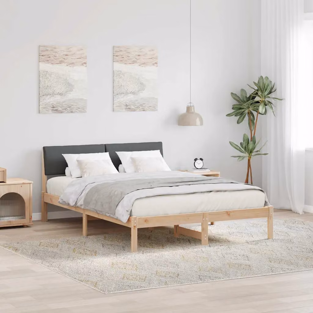 vidaXL Struttura del letto moderna in legno di pino e tessuto, marrone e grigio, L/P/H: 150 x 200 x 78,5 cm