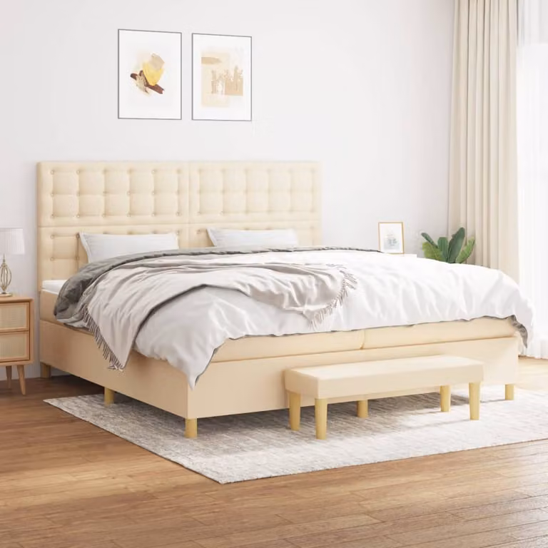 vidaXL Letto Ibrido con Giroletto a Molle e Materasso in Tessuto Beige e Bianco L/P/H: 200 x 200 x 203 cm