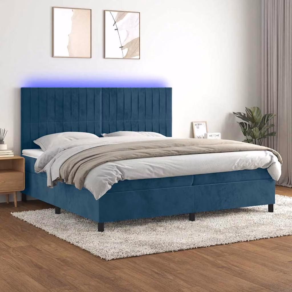 Letto Ibrido vidaXL con Materasso a Molle a Tasche, Rivestimento in Velluto Blu e Bianco, Illuminazione LED Sotto il Letto e Porte USB, L/P: 200 x 200 cm – 1