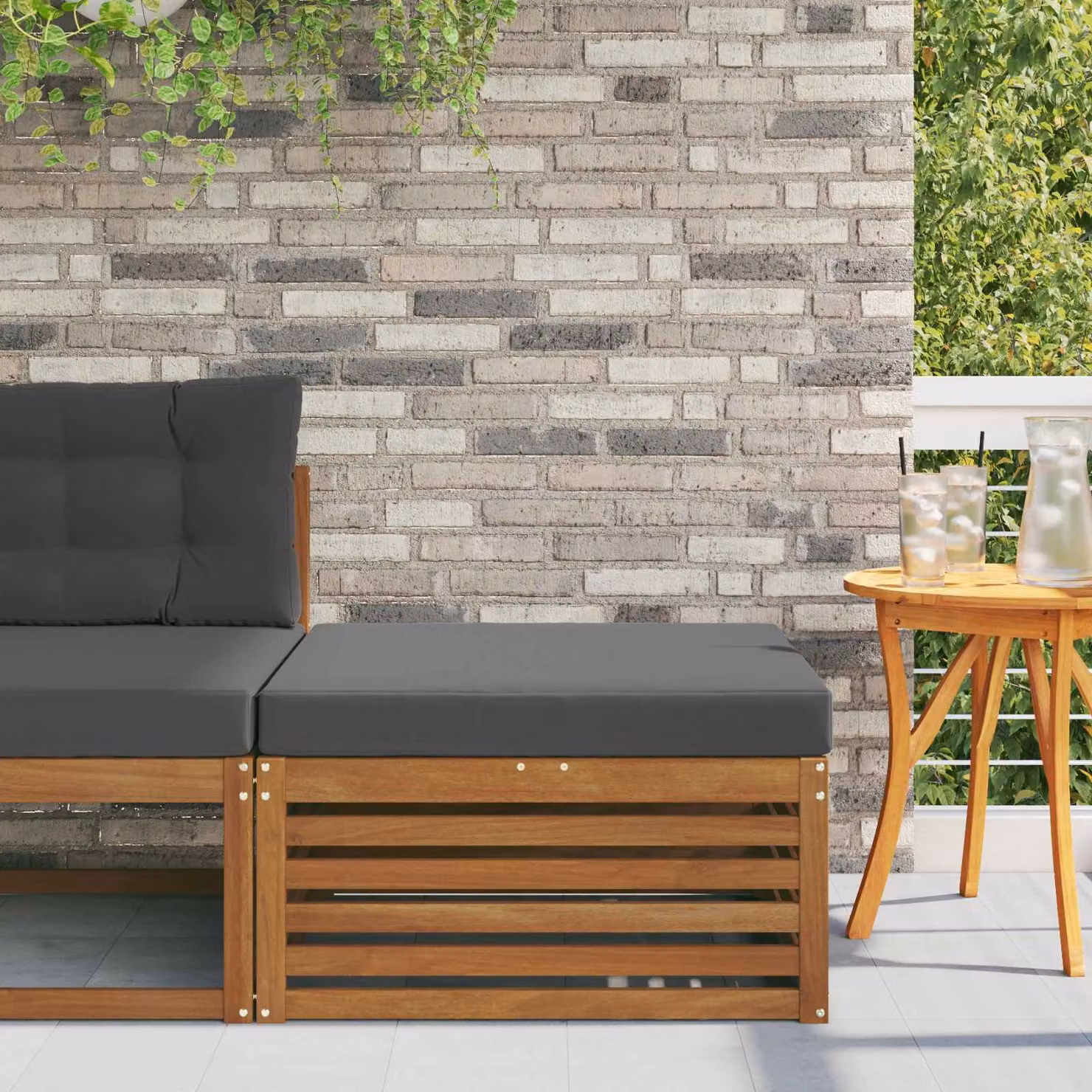 vidaXL Poggiapiedi da Esterno in Legno di Acacia con Cuscini Antracite L: 79 cm, P: 37 cm, H: 37 cm