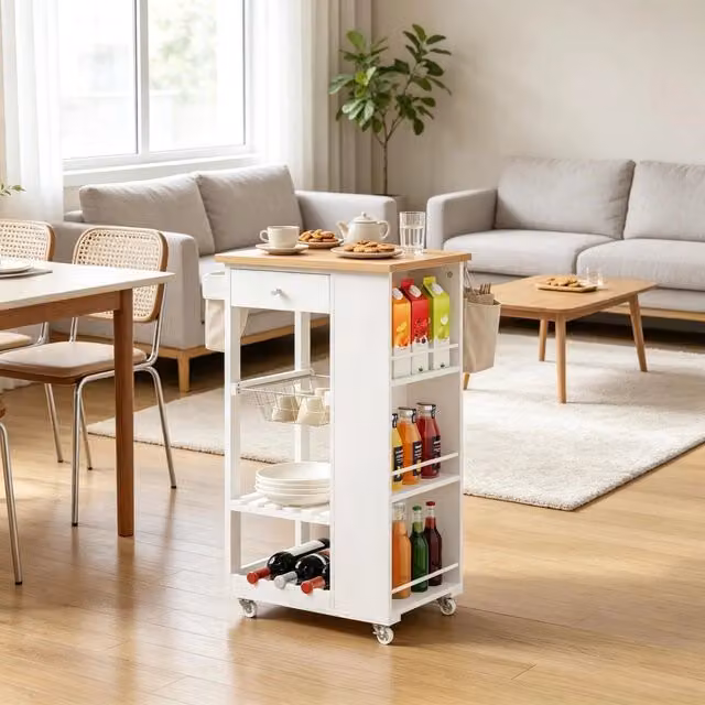 Carrello da cucina moderno REDOM in bambù e MDF bianco con ruote L/P/H: 56,5 x 37 x 87 cm – 1