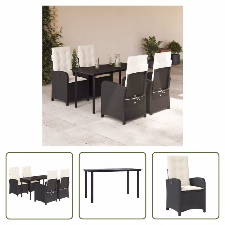 The Living Store Set da pranzo da giardino 5 pezzi con cuscini in poly rattan nero