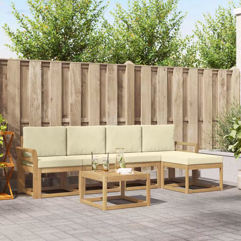 Set di divani da esterno moderno vidaXL in legno di acacia oliato, 6 pezzi, Bianco e Beige