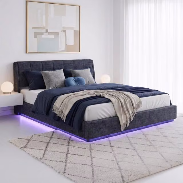 Letto Matrimoniale King Size Contenitore Tröstiar con Apertura a Ribalta e Luce LED 180x200 cm - Effetto Lino Blu [en.casa]