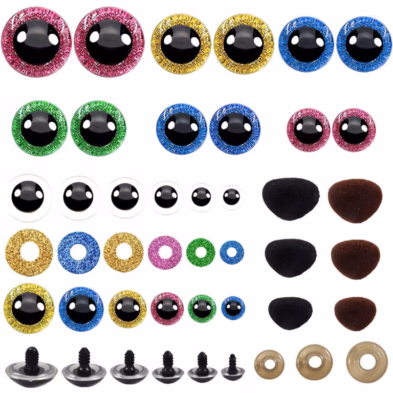 Set di 72 occhi di sicurezza scintillanti, di dimensioni da 12 a 30 mm, con naselli