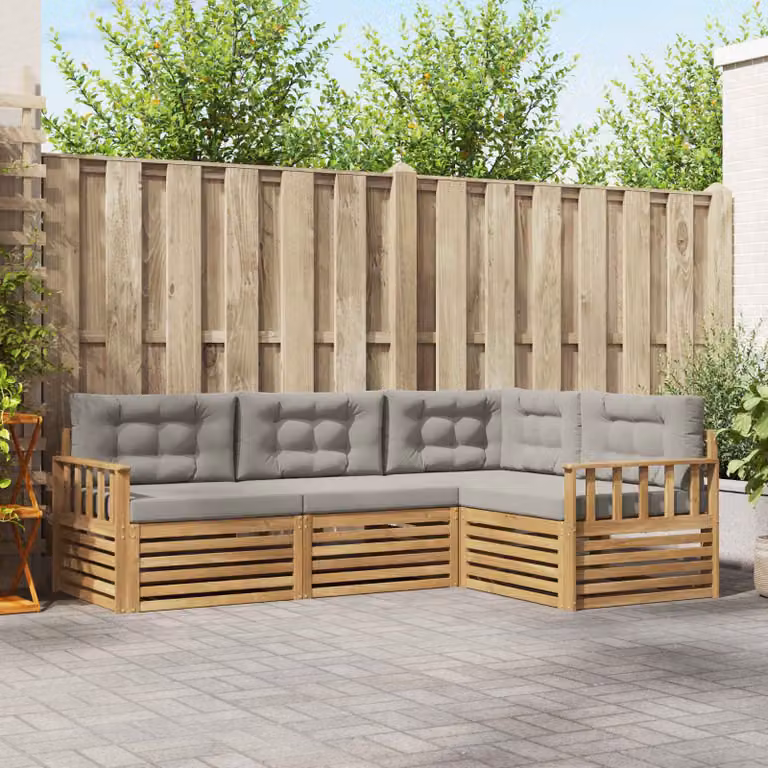 Set di divani da esterno vidaXL a forma di L con cuscini, struttura in legno di acacia e tessuto bianco e grigio