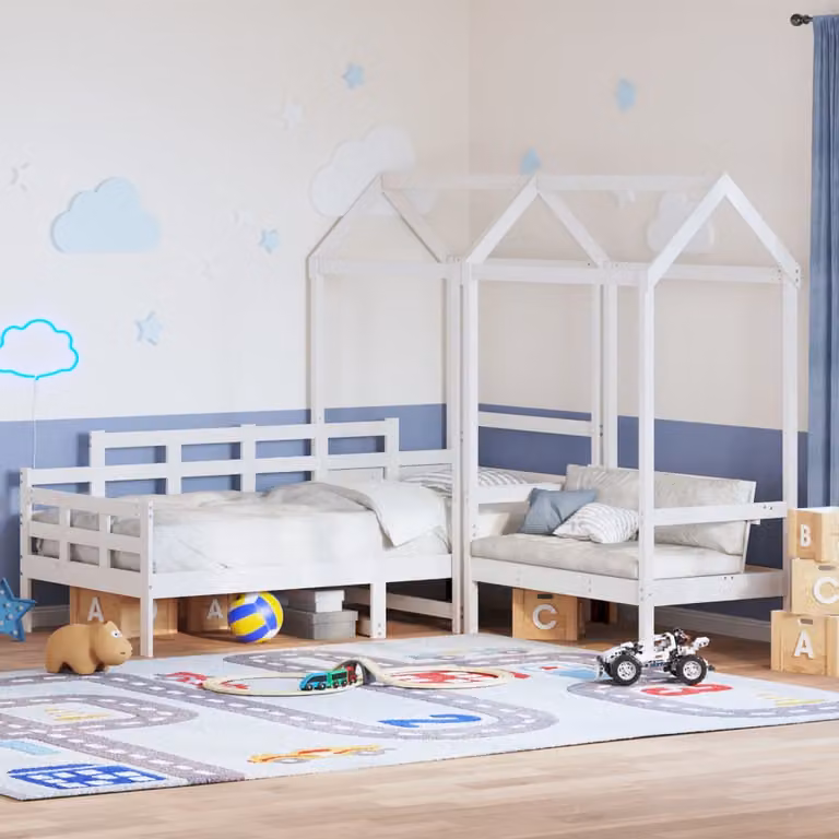 Set Letto a Casetta con Panca e Tetto vidaXL in Legno di Pino Massello Bianco per Bambini L: 200 cm, P: 80 cm, H: 203,5 cm