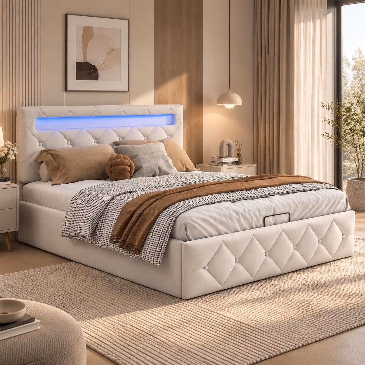 Letto idraulico imbottito INONEFT, 160x200 cm, con LED, letto per giovani con poggiatesta regolabile in altezza, struttura del letto con rete a doghe, tessuto velluto, colore crema-bianco