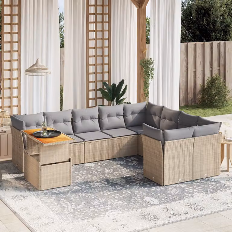 vidaXL Set Divano da Giardino 10 pz a Forma di L con Cuscini Beige e Tavolino in Polyrattan e Legno di Acacia