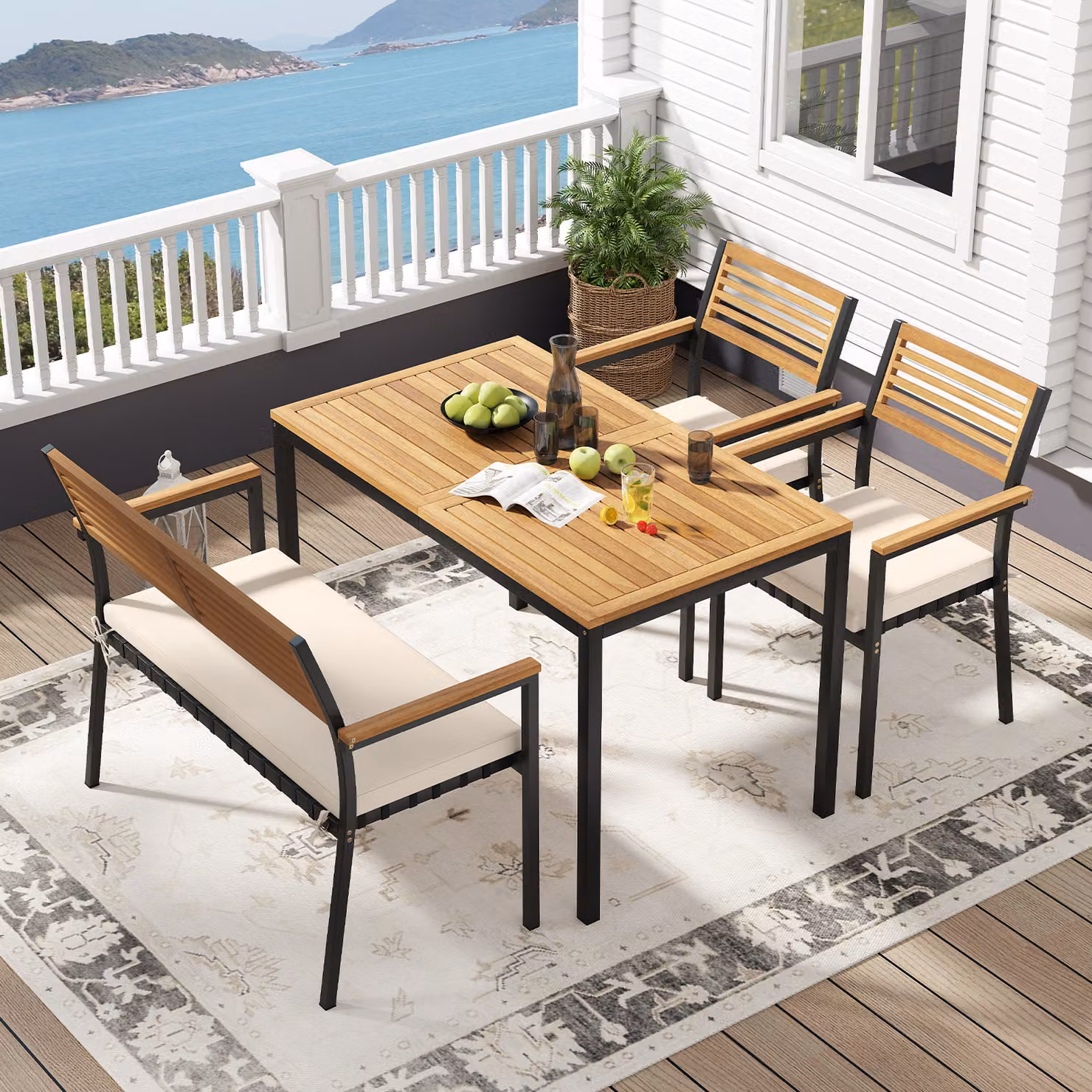 Set pranzo da giardino Costway in legno di acacia marrone con tavolo rettangolare, 2 sedie e panca ergonomica