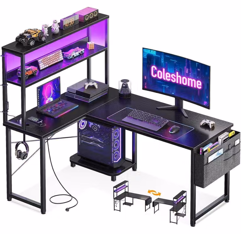 Tavolo da gioco a forma di L con illuminazione LED e prese di corrente, dimensioni 110 x 80 cm, scrivania angolare reversibile, colore nero