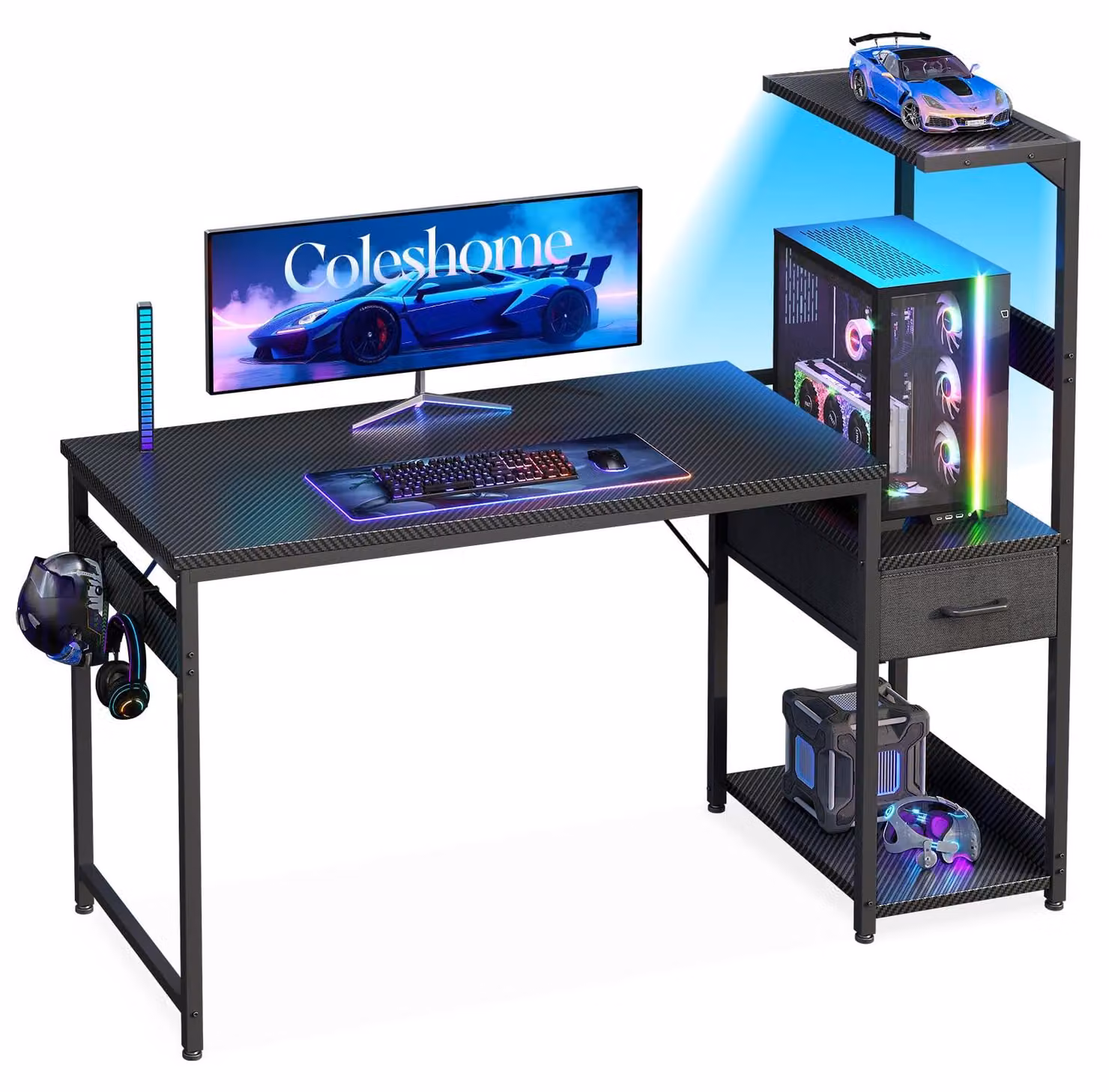 Scrivania da gaming con illuminazione LED, dimensioni 120x48 cm, in fibra di carbonio, design moderno