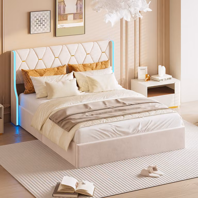 letto 160x200 cm con contenitore, illuminazione LED, rete a doghe imbottita, letto matrimoniale, beige