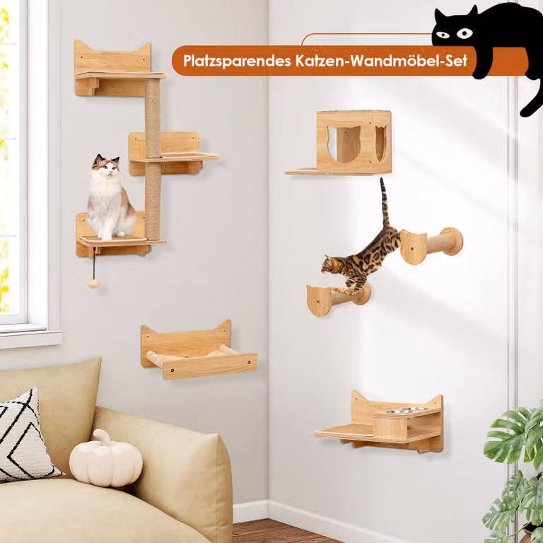 COSTWAY 6 PCS parete di arrampicata per gatti, tiragraffi con piattaforme, ciotola, casa per gatti, amaca, 2 tiragraffi e palla, albero a muro per gatti, mobili per gatti natura