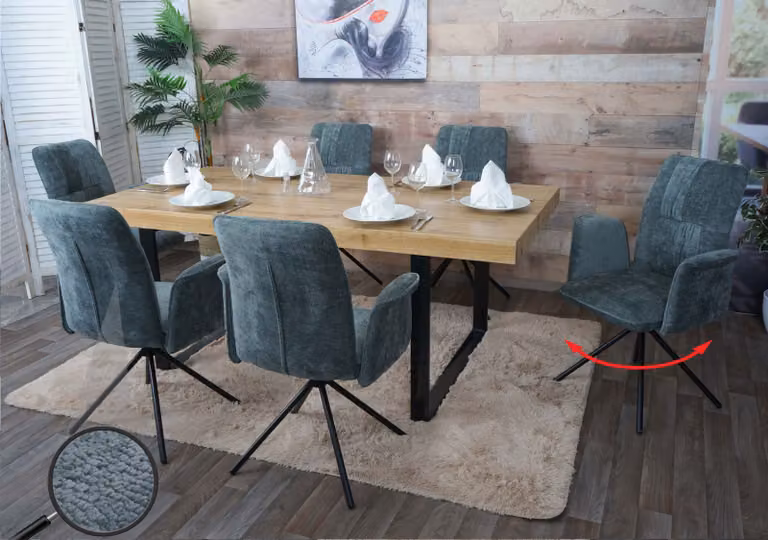Set di 6 sedie da pranzo modello HWC-N99, girevoli, con braccioli e meccanismo di ritorno automatico, rivestite in tessuto chenille (340g/m²), colore blu-verde