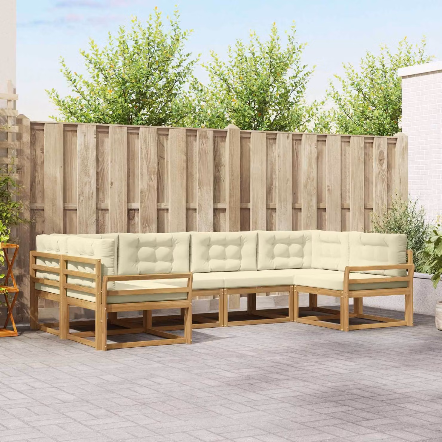 Set di divani da esterno vidaXL a forma di L in legno di acacia con cuscini, Bianco e Beige