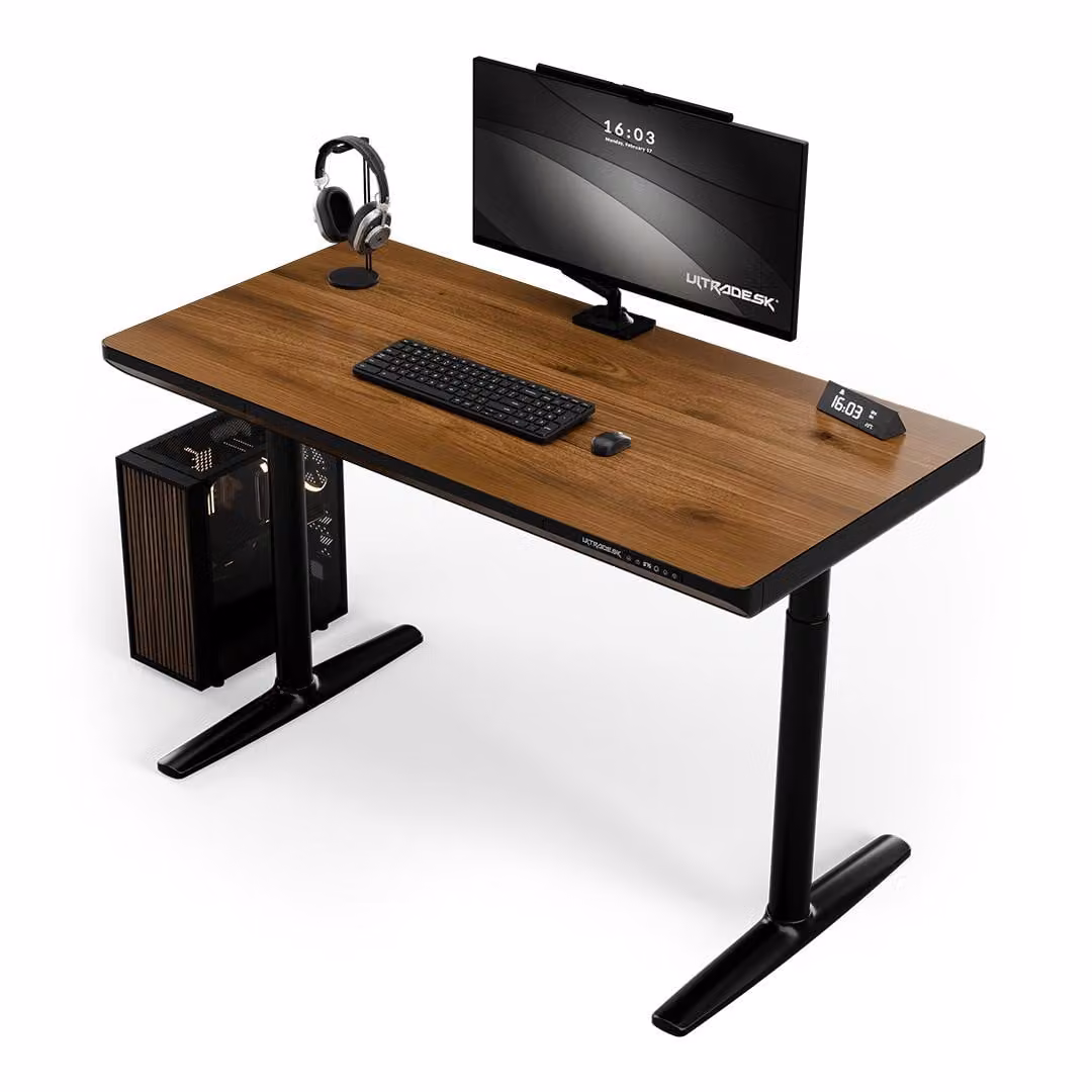 Ultradesk SHIFT - Nero/Marrone - Scrivania per computer con regolazione elettrica dell'altezza, piano 140x70 cm, ampio cassetto, gestione cavi