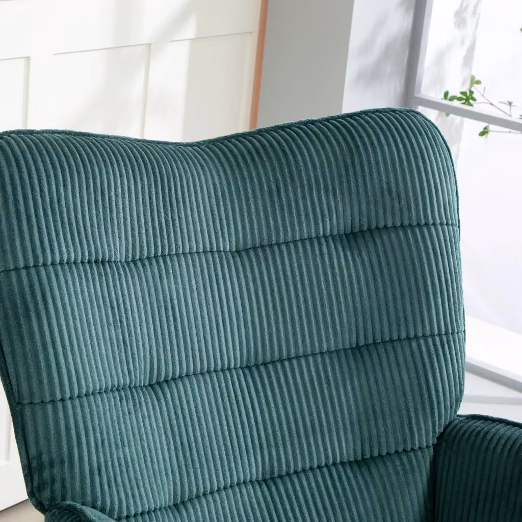 Poltrona a dondolo REDOM con braccioli in tessuto verde, struttura in metallo e legno di faggio, L: 71 cm, P: 98 cm, H: 101 cm – 2