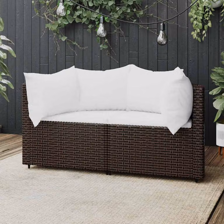 Set di 2 Divani Angolari da Giardino vidaXL in Polyrattan Marrone e Bianco con Cuscini Imbottiti e Struttura in Metallo