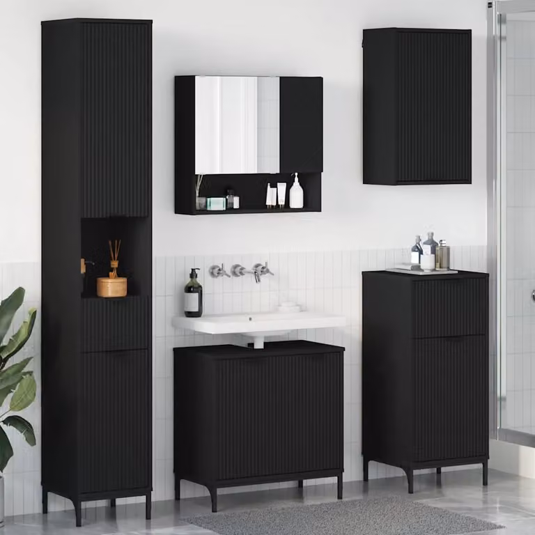 Set di mobili da bagno moderni vidaXL in nero opaco con mobile lavabo, pensile e colonna alta in MDF e metallo