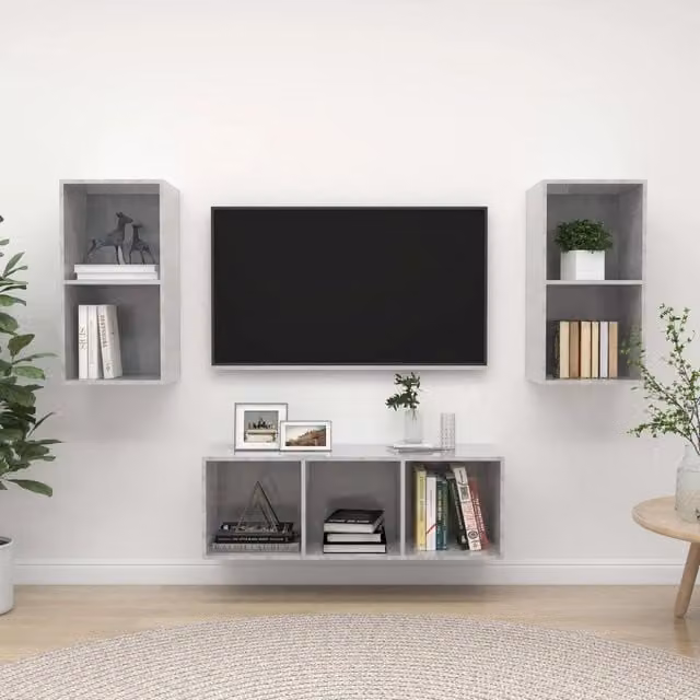 Set di mobili TV moderno vidaXL in legno color grigio composto da 3 pezzi con montaggio a parete