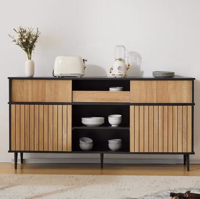 Credenza 160x40x80 cm nera effetto rovere, 4 ante scorrevoli