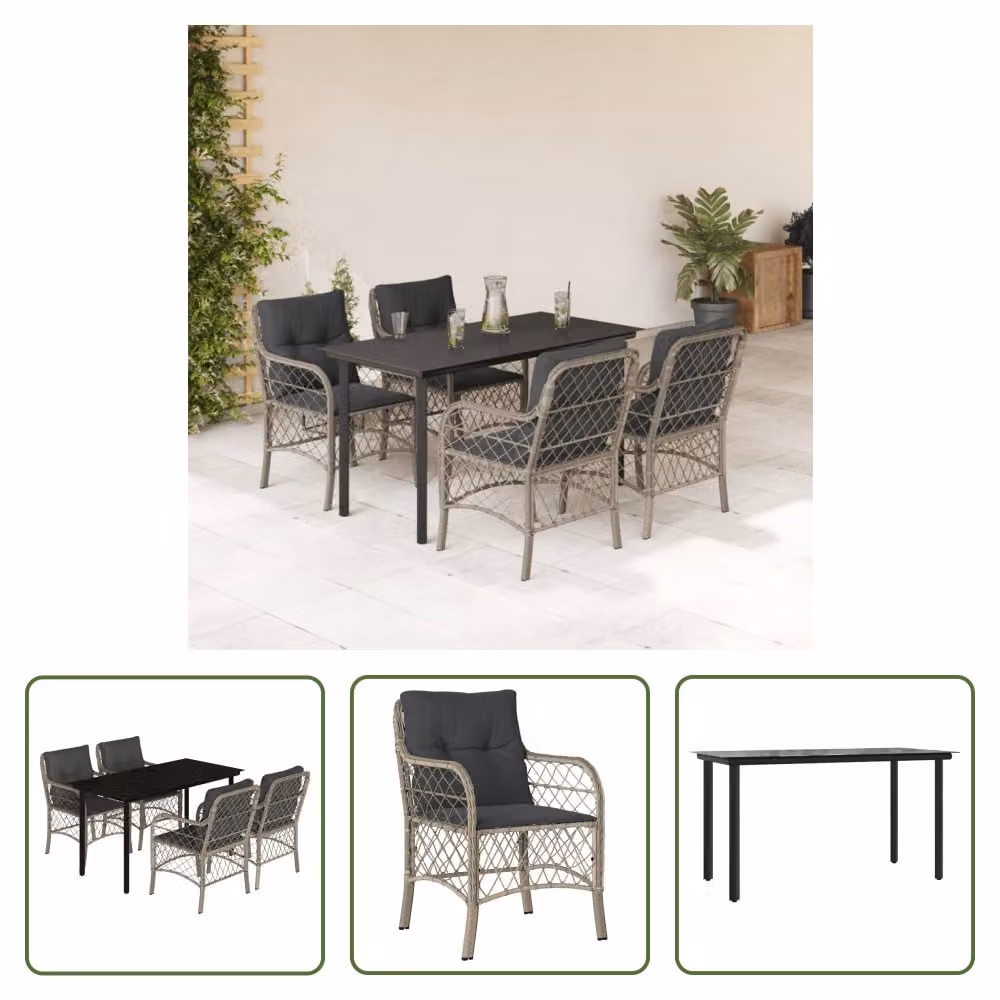 The Living Store Set da pranzo da giardino 5 pezzi con cuscini in rattan grigio chiaro
