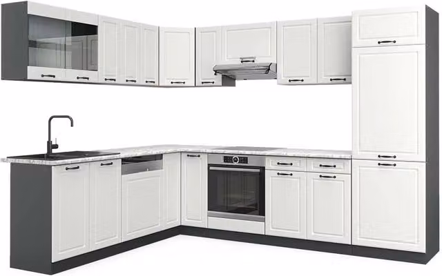Cucina angolare completa R-Line Vicco Bianco rustico e Antracite con piano effetto marmo L 287 cm x P 227 cm