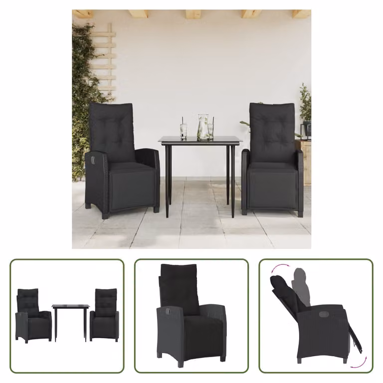 The Living Store Set da pranzo da giardino in 3 pezzi con cuscini in poly rattan nero