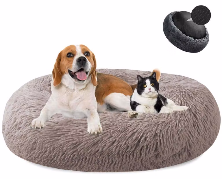 Cuccia per cani a forma di ciambella, in peluche, lavabile, morbida, per cani e gatti, diametro 50 cm, beige/marrone