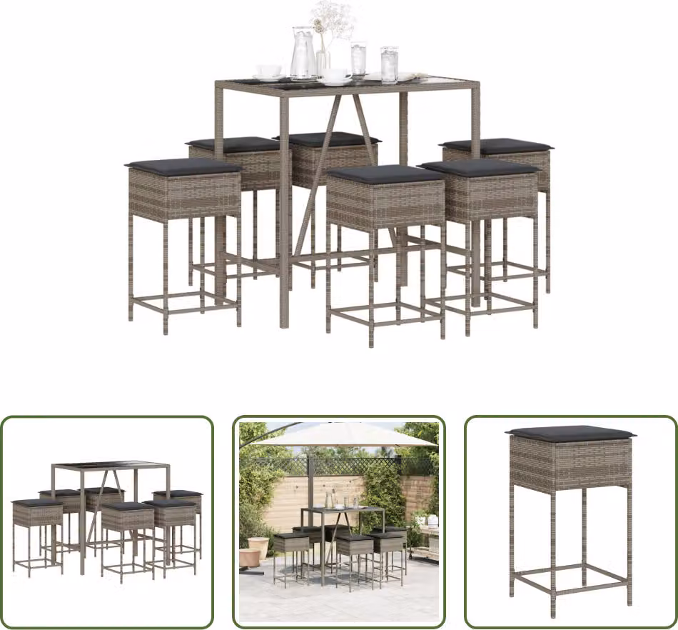 The Living Store Set bar da giardino 7 pezzi con cuscini in poly rattan grigio