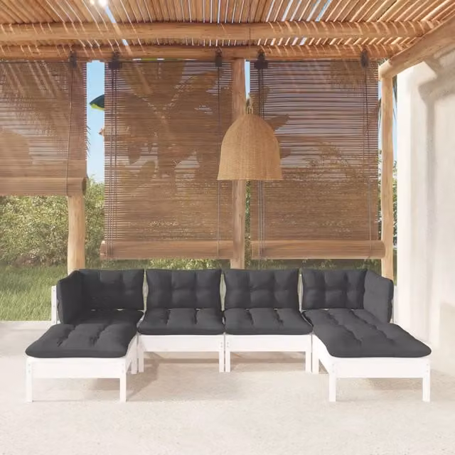 Set Divani da Giardino 6 pz con Cuscini Bianchi Legno di Pino 3097080