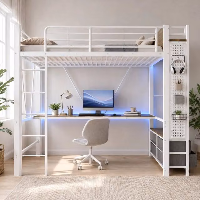 Letto a soppalco 90x200 cm con struttura in ferro, scrivania integrata, 4 cassetti, LED multicolore, prese USB e Type-C, bianco