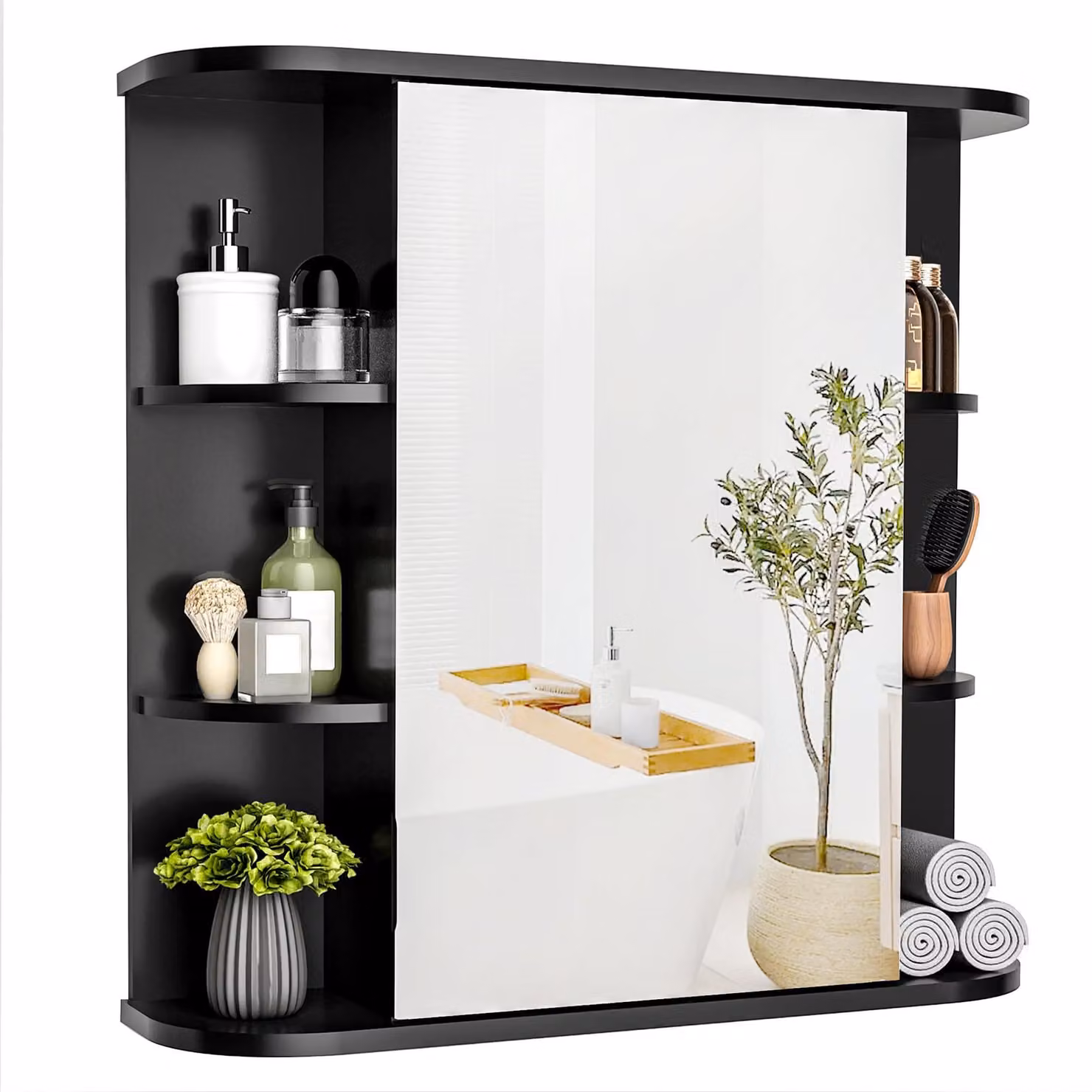 Mobiletto bagno con specchio, specchio ad alta definizione, ripiani regolabili, colore nero, dimensioni 68x60 cm
