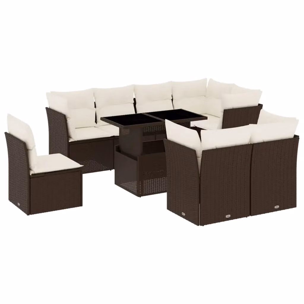 Set di divani da giardino vidaXL 9 pezzi in polyrattan marrone con cuscini e tavolino da esterno – 2