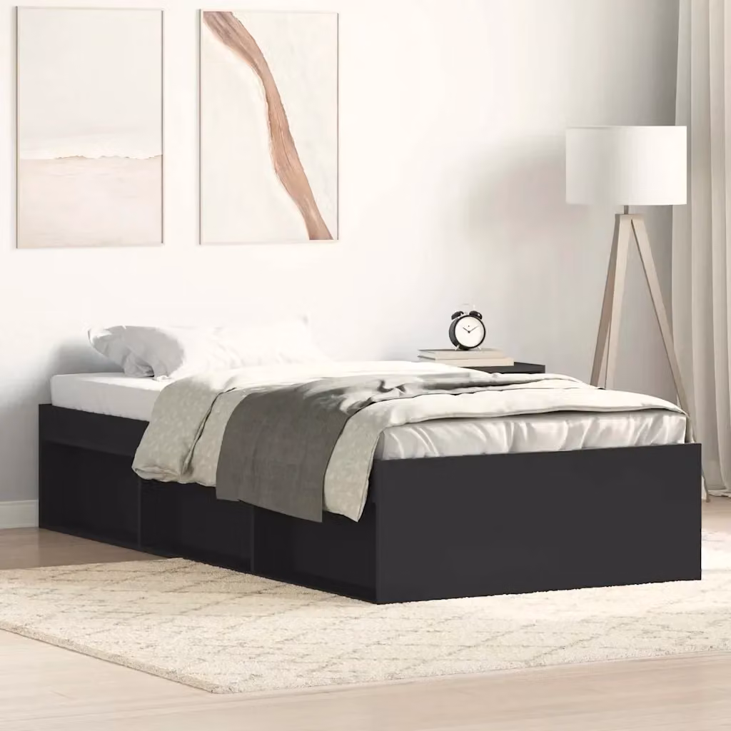 Letto singolo moderno Design In in legno e MDF con scomparti laterali e doghe fisse, colore nero, L/P/H: 190 x 90 x 35 cm – 2