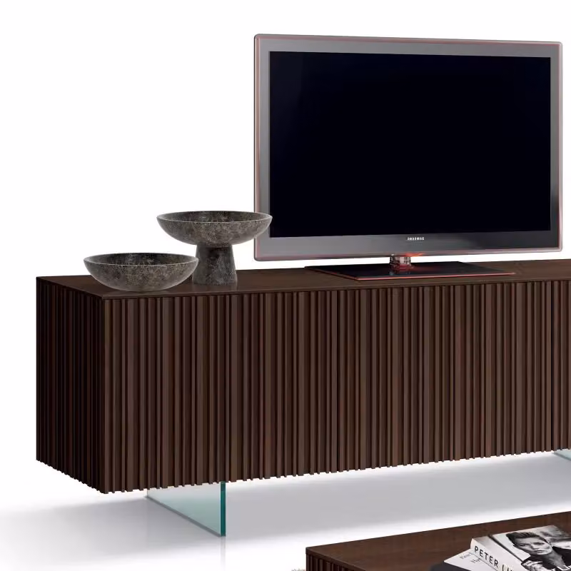 Porta TV contemporaneo Mobili 2G in legno di frassino marrone con 3 ante e gambe in vetro L: 166 cm, P: 47 cm, H: 60 cm – 4