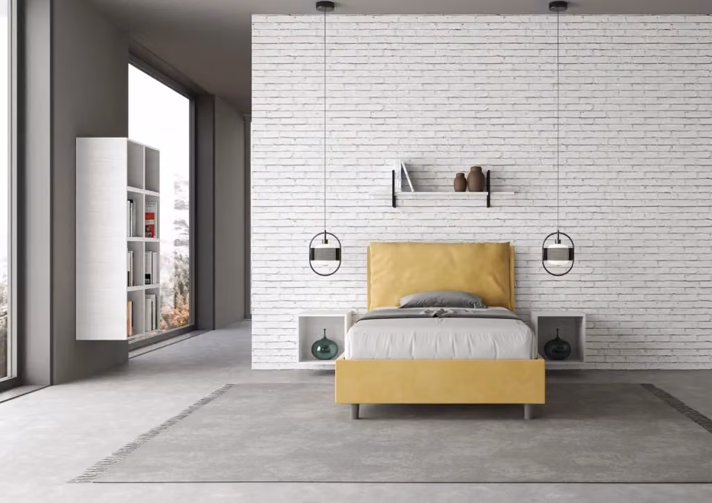 Letto una piazza e mezza contenitore imbottito BS COM in microfibra colore ocra L: 120 cm, P: 210 cm – 2