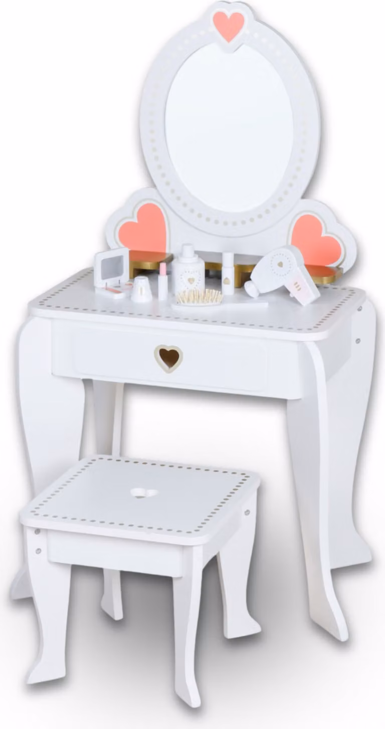 Tavolino da toilette in legno per bambini Rijoka con sgabello e specchio - Cassettiera per il trucco - 49 x 34 x 97 cm - Bianco