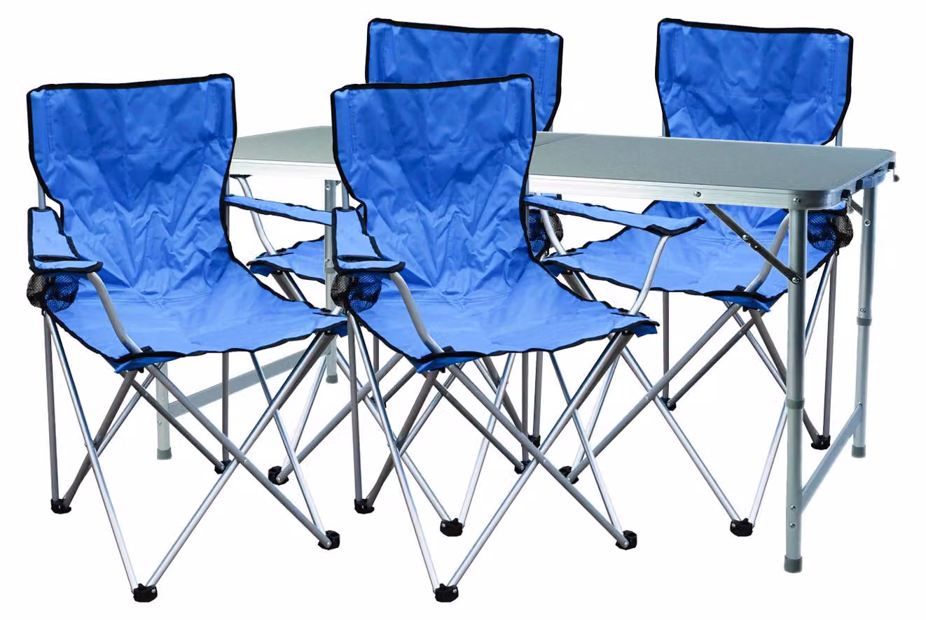 Set di mobili da campeggio composto da 5 pezzi, colore blu: 4 sedie con borsa inclusa + 1 tavolo di grandi dimensioni (XXL)