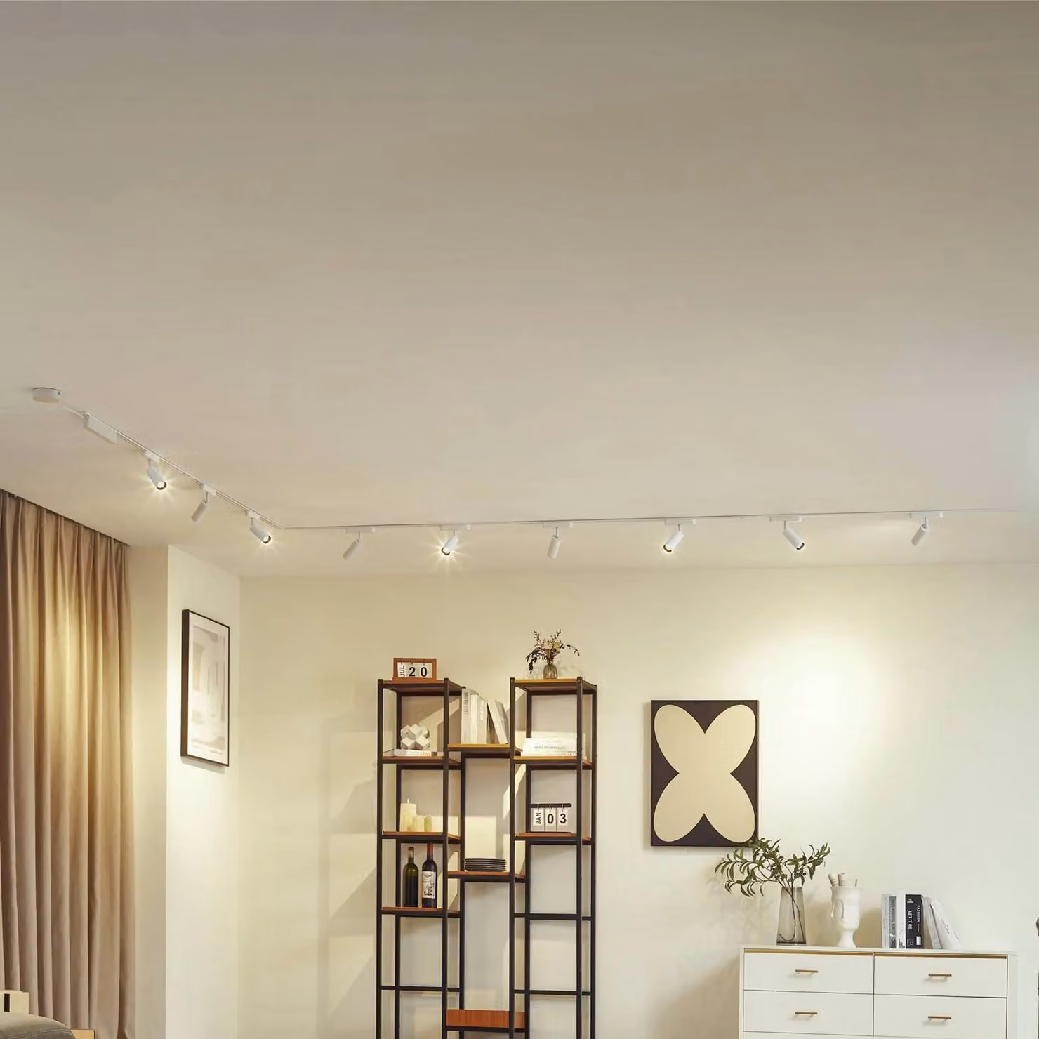 Sistema a binario 48 V Lumaro, faretti, 9 luci, bianco, Ø 4 cm, 25 Lumaro 48V Lindby, dimmerabile, Bianco / Opale, Soggiorno / Sala da pranzo, Alluminio, Moderno