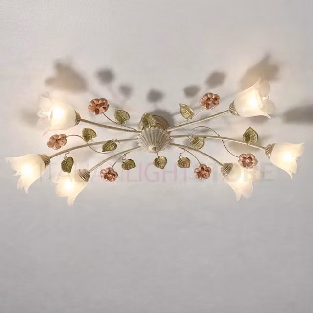 SPRING Plafoniera Allungata a 6 Luci in Metallo e Vetro Stile Floreale Bianco e Oro/Ottone