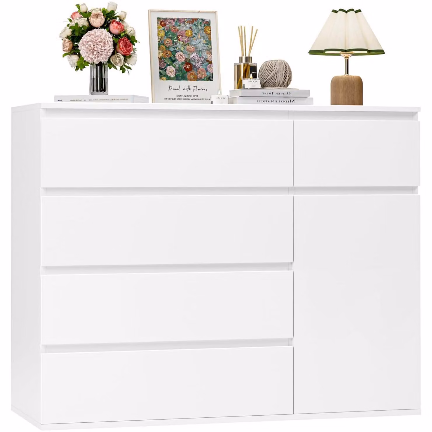 Comodino bianco con 5 cassetti e 1 anta, dimensioni 100x40x80 cm